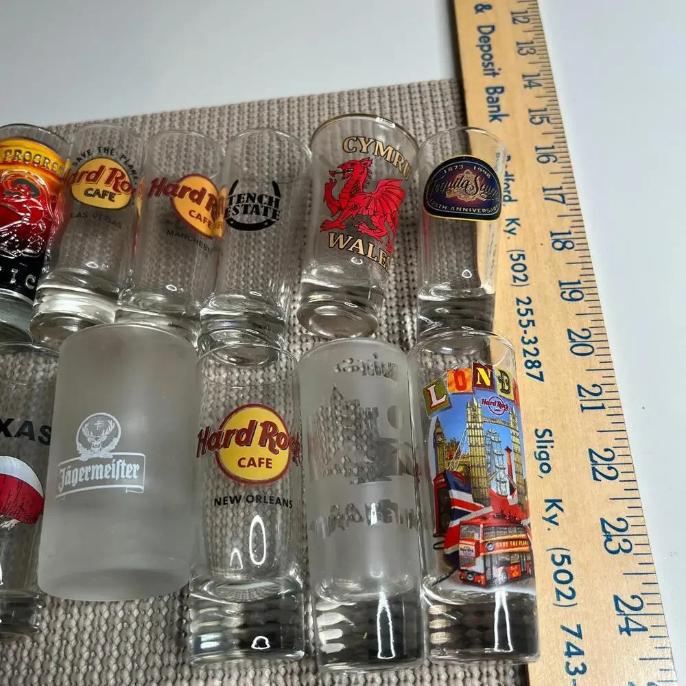 Lot of 13 Souvenir Shot‎ Glasses Hard Rock Cafe London Mexico Wales Jägermeister